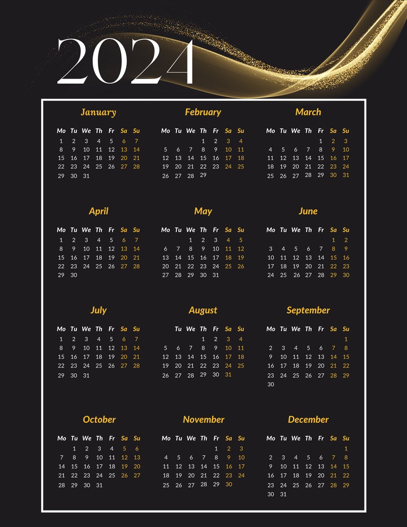 Puede incluir: Un calendario negro y dorado para el a&ntilde;o 2024. Cada mes se muestra en un cuadro separado con los d&iacute;as de la semana etiquetados como Mo, Tu, We, Th, Fr, Sa, Su. El calendario est&aacute; decorado con un dise&ntilde;o de onda de purpurina dorada.