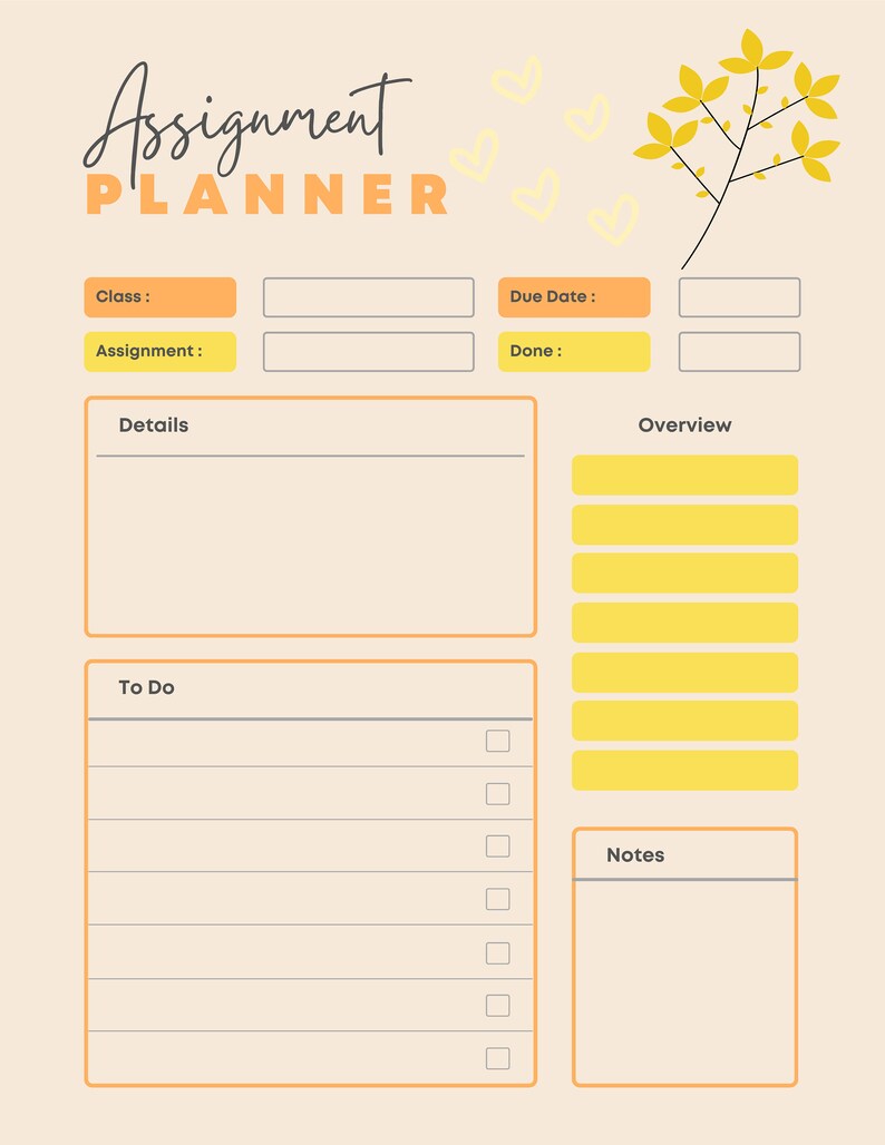 Puede incluir: Un planificador de tareas imprimible amarillo y naranja con un dise&ntilde;o floral y el texto "Assignment Planner". El planificador incluye secciones para clase, tarea, detalles, por hacer, fecha l&iacute;mite, hecho, descripci&oacute;n general y notas.