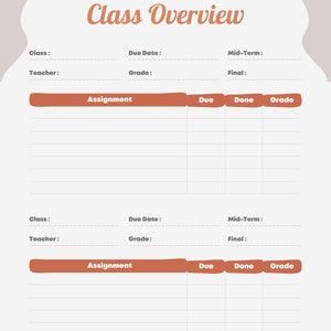 Puede incluir: Una plantilla de resumen de clase imprimible con secciones para el nombre de la clase, el profesor, la fecha de vencimiento, la calificaci&oacute;n, el examen de mitad de semestre, el examen final, la tarea, la fecha de vencimiento, completado y la calificaci&oacute;n. La plantilla tiene un fondo marr&oacute;n claro con un borde blanco.