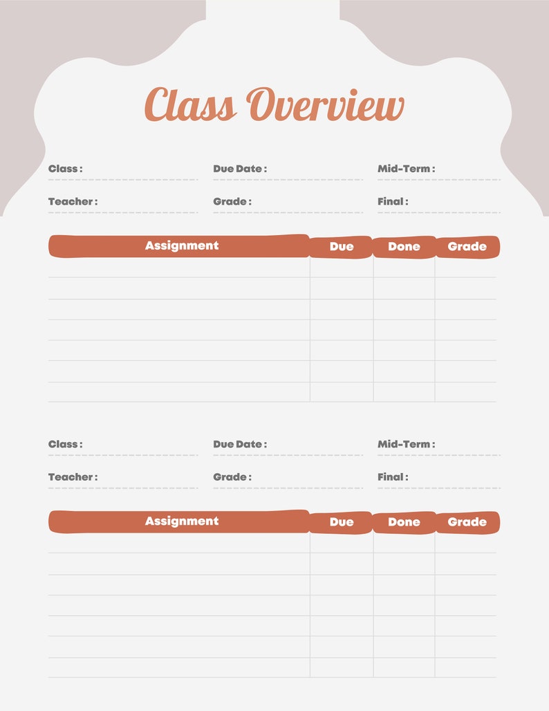 Puede incluir: Una plantilla de resumen de clase imprimible con secciones para el nombre de la clase, el profesor, la fecha de vencimiento, la calificaci&oacute;n, el examen de mitad de semestre, el examen final, la tarea, la fecha de vencimiento, completado y la calificaci&oacute;n. La plantilla tiene un fondo marr&oacute;n claro con un borde blanco.
