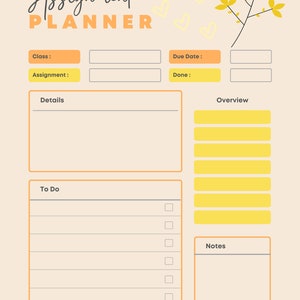 Puede incluir: Un planificador de tareas imprimible amarillo y naranja con un dise&ntilde;o floral y el texto "Assignment Planner". El planificador incluye secciones para clase, tarea, detalles, por hacer, fecha l&iacute;mite, hecho, descripci&oacute;n general y notas.