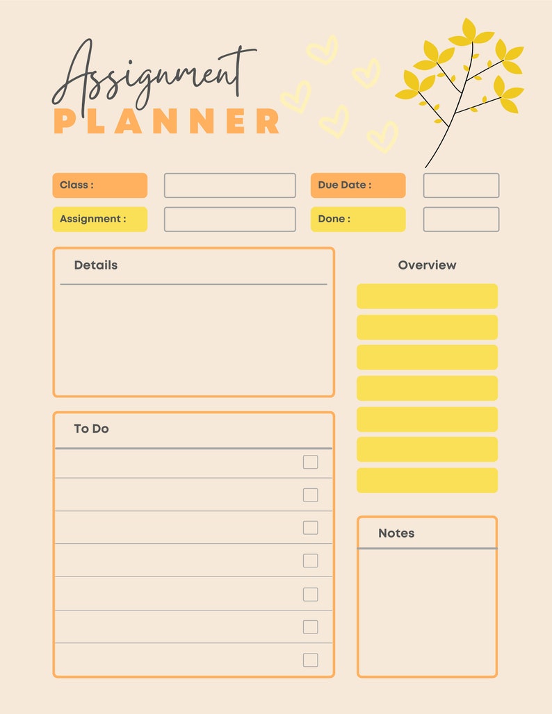 Puede incluir: Un planificador de tareas imprimible amarillo y naranja con un dise&ntilde;o floral y el texto "Assignment Planner". El planificador incluye secciones para clase, tarea, detalles, por hacer, fecha l&iacute;mite, hecho, descripci&oacute;n general y notas.