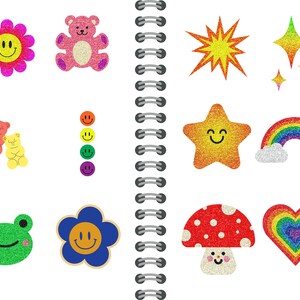May include: A set of colorful glitter stickers featuring a variety of designs, including a rainbow, a star, a mushroom, a heart, a flower, a frog, a teddy bear, a smiley face, and a gummy bear.