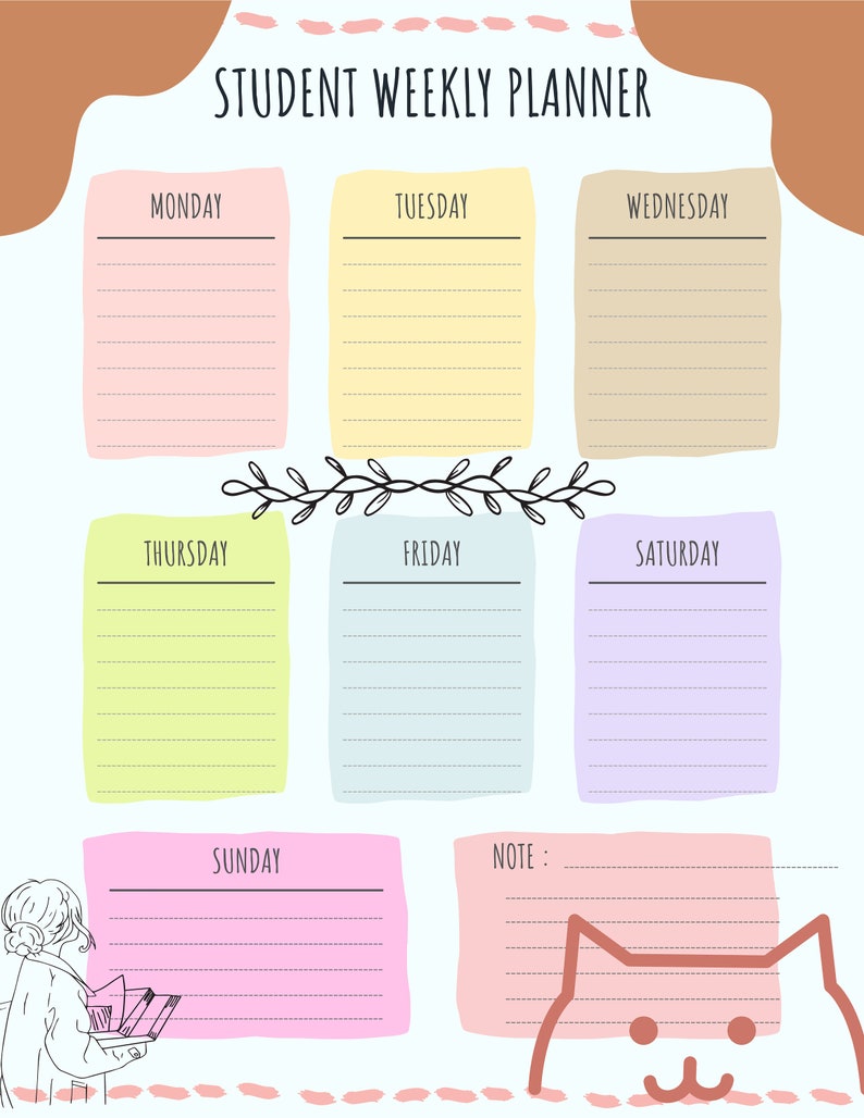 Puede incluir: Un planificador semanal colorido para estudiantes con una ilustraci&oacute;n de un gato y el texto "STUDENT WEEKLY PLANNER".