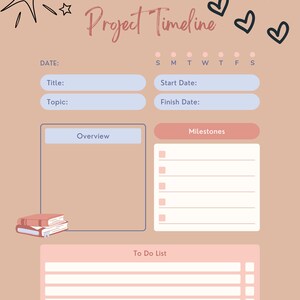 Puede incluir: Un planificador de estudiantes rosa y marr&oacute;n con una l&iacute;nea de tiempo del proyecto, una lista de tareas pendientes y hitos. El planificador tiene campos de t&iacute;tulo, fecha, fecha de inicio y fecha de finalizaci&oacute;n. El planificador tambi&eacute;n tiene una secci&oacute;n para una descripci&oacute;n general.