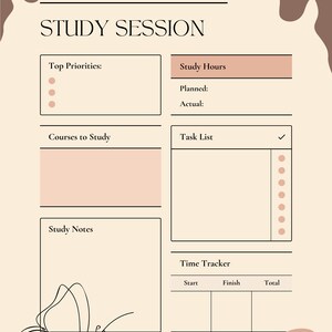 Puede incluir: Un planificador de estudios imprimible con secciones para las principales prioridades, los cursos a estudiar, las notas de estudio, una lista de tareas, las horas de estudio y un rastreador de tiempo. El planificador tiene un fondo beige claro con acentos marrones y una ilustraci&oacute;n de mariposa.