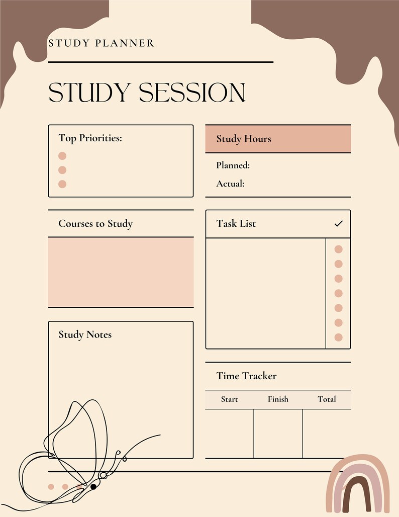 Puede incluir: Un planificador de estudios imprimible con secciones para las principales prioridades, los cursos a estudiar, las notas de estudio, una lista de tareas, las horas de estudio y un rastreador de tiempo. El planificador tiene un fondo beige claro con acentos marrones y una ilustraci&oacute;n de mariposa.