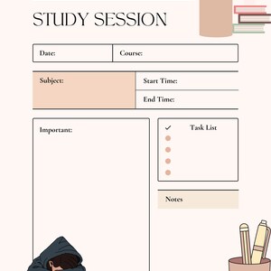Puede incluir: Un planificador de estudios imprimible con secciones para la fecha, el curso, el tema, la hora de inicio, la hora de finalizaci&oacute;n, notas importantes y una lista de tareas. El planificador tiene un dise&ntilde;o simple con un fondo marr&oacute;n claro y texto negro.