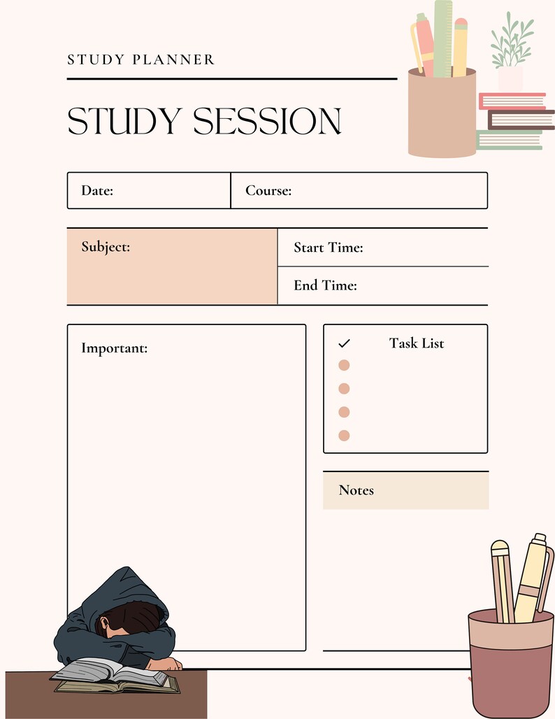 Puede incluir: Un planificador de estudios imprimible con secciones para la fecha, el curso, el tema, la hora de inicio, la hora de finalizaci&oacute;n, notas importantes y una lista de tareas. El planificador tiene un dise&ntilde;o simple con un fondo marr&oacute;n claro y texto negro.