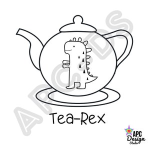 Può includere: Un disegno in bianco e nero di una teiera con un dinosauro al suo interno. La teiera ha un beccuccio e un manico. Il dinosauro è un T-Rex con una schiena spinosa e una lunga coda. Il testo "Tea-Rex" è scritto sotto la teiera.