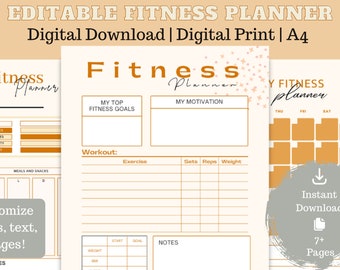 Editable and Printable Fitness Planner Bundle, Fitness Journal, Workout Trackers, Ultimate Fitness Planner Printable Digital