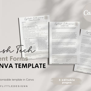 Könnte beinhalten: Drei druckbare Formulare für Wimpernverlängerungen, darunter ein Beratungsformular, ein Einverständnisformular und eine Richtlinienbenachrichtigung. Die Formulare sind im minimalistischen Stil mit schwarzem Text auf weißem Hintergrund gestaltet. Die Formulare sind mit "Wimpernverlängerungen" beschriftet und für die Verwendung durch Wimperntechniker gedacht.