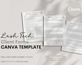 May include: Three printable forms for eyelash extensions, including a consultation form, consent form, and policy notification. The forms are designed in a minimalist style with black text on a white background. The forms are labeled "Eyelash Extensions" and are designed to be used by lash technicians.