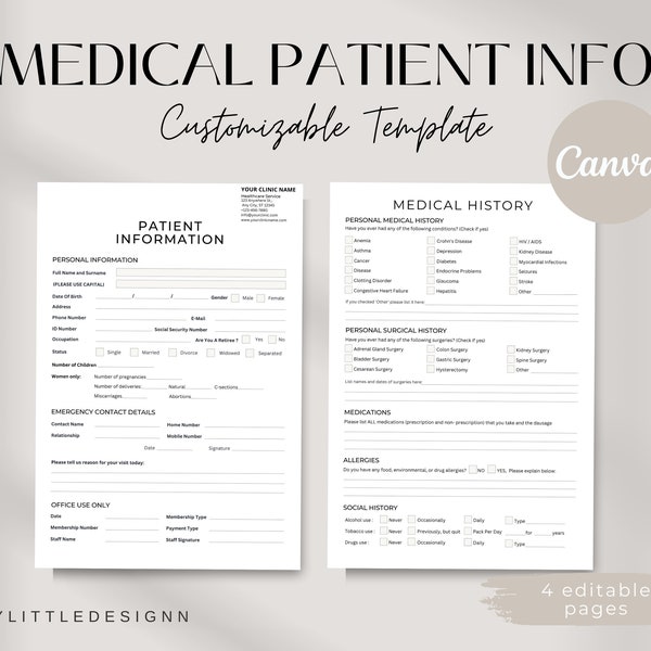 New Patient Form, Patient Information, Medical History, Printable Patient Form, Dentist Office, Medical Clinic Form, Digital Download