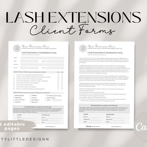 Eyelash Extension Forms, Editable Intake Form, Esthetician Forms, Lash Technician Forms, Client Intake Form, Editable Lash Consent Templates