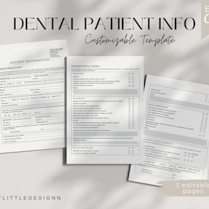 Formularz dla nowego pacjenta w gabinecie stomatologicznym, Informacje o pacjencie, Edytowalna historia choroby, Formularz pacjenta do wydruku, Formularz kliniki medycznej, Formularze dentystyczne