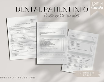 Formulario de paciente nuevo del consultorio del dentista, información del paciente, historial médico editable, formulario de paciente imprimible, formulario de clínica médica, formularios de dentista