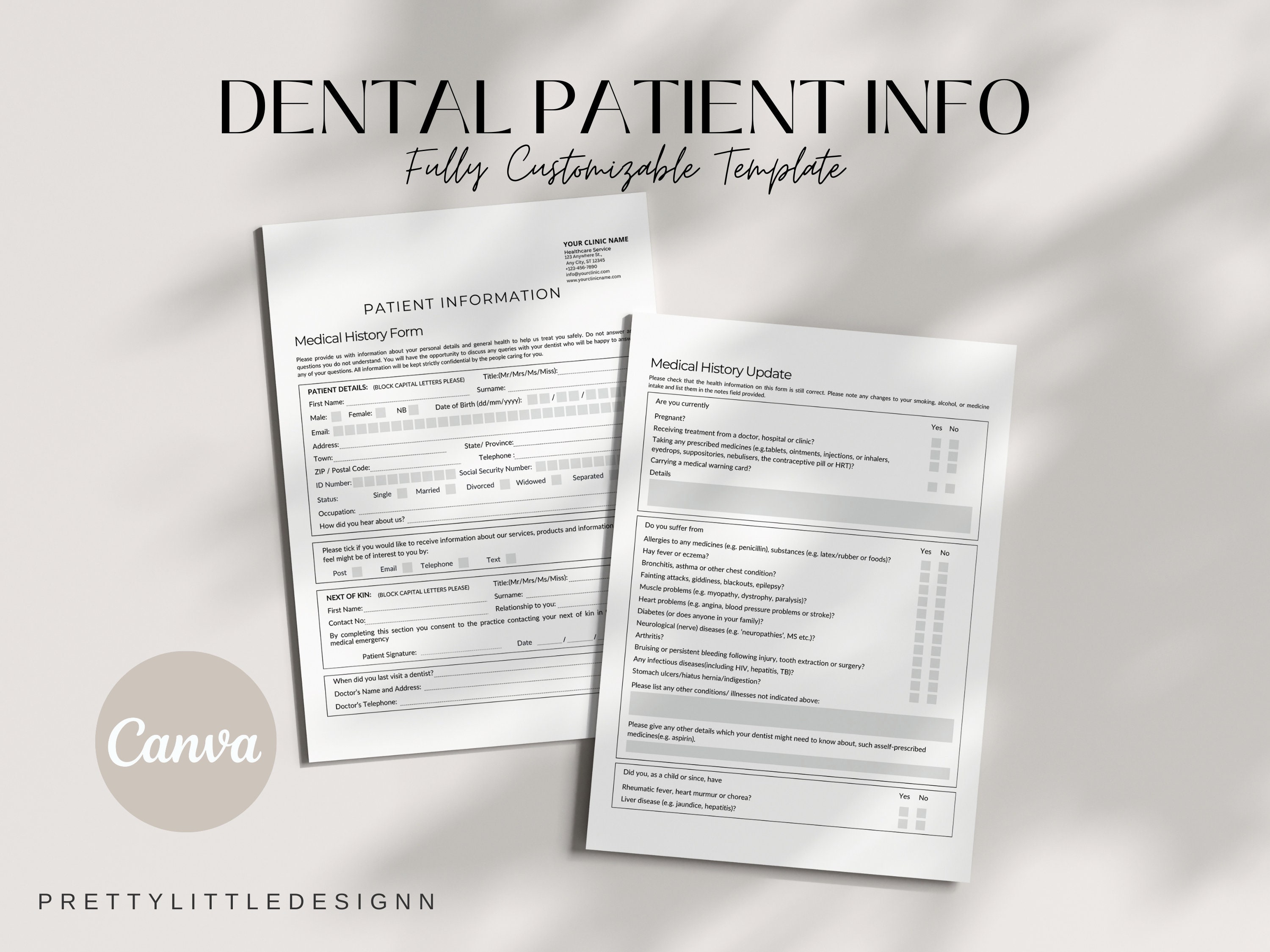 Dentist Office New Patient Form, Patient Information, Editable Medical ...