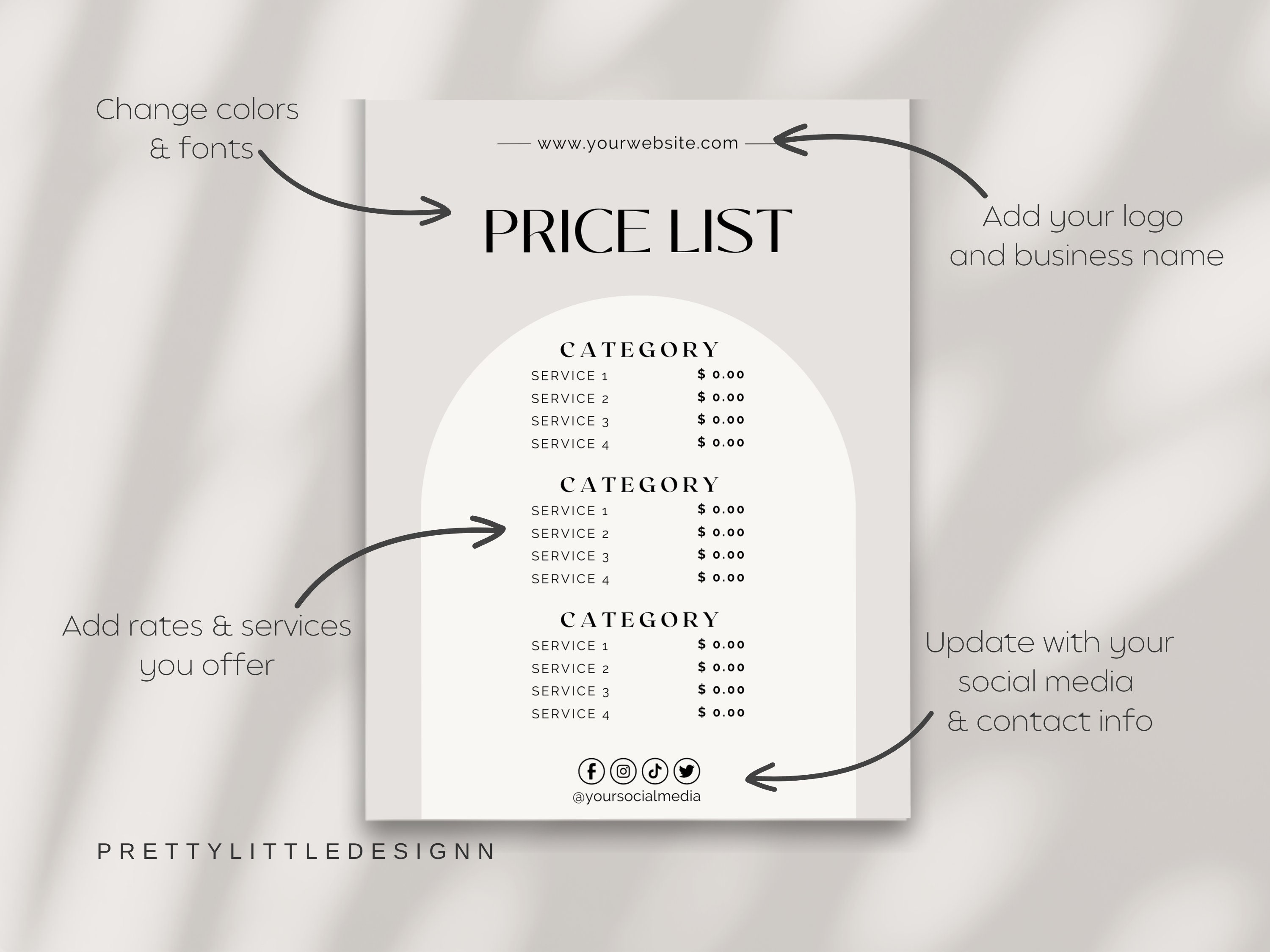Price List Template, Editable Price List, Business Price List, Beauty