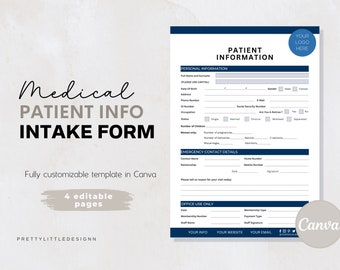 Formulario personalizado para nuevos pacientes, información del paciente, historial médico editable, formulario de paciente imprimible, consultorio del dentista, formulario de clínica médica,