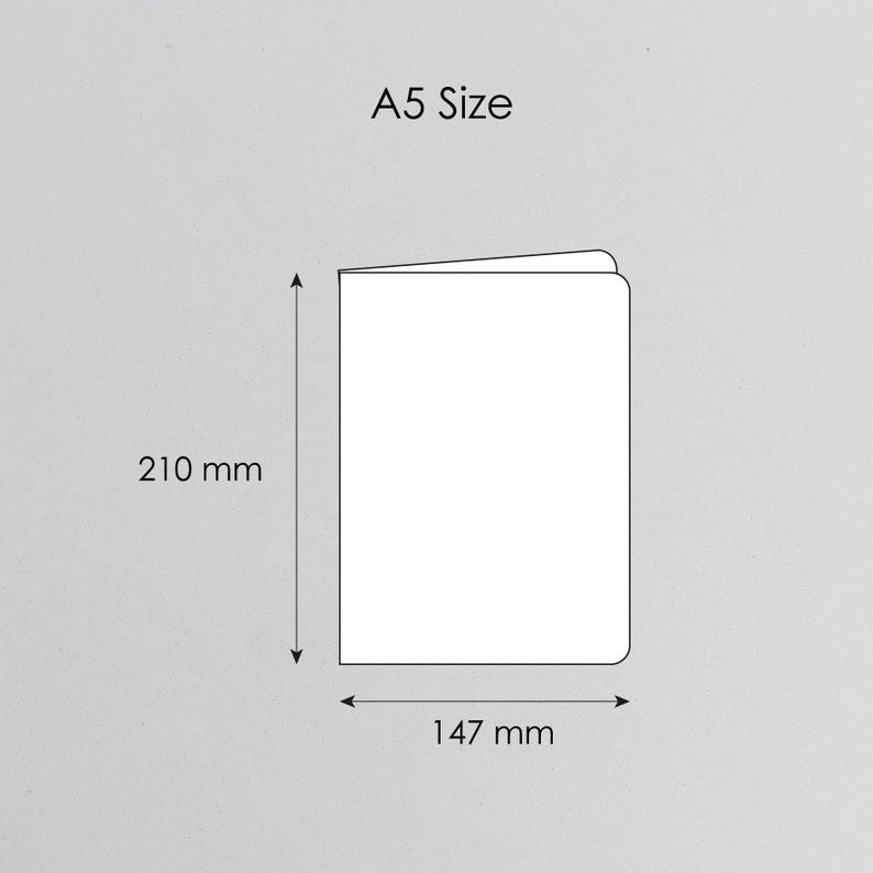 May include: A white A5 size document outline with black lines. The diagram displays a height of 210 mm and a width of 147 mm, indicated by black arrows and text labels. The text A5 Size is printed in black at the top of the image.
