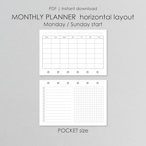 Printable Monthly Pages Pocket size A7 Horizontal Month: PDF inserts for Filofax, MO1P Monday / Sunday Start