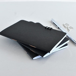 May include: A stack of three small black notebooks with white pages, bound with copper-colored staples. A black metal binder clip secures the top notebook. A silver ballpoint pen and a small silver metal paper clip lie beside the notebooks.