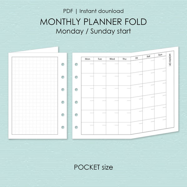 Printable monthly pages for Pocket size, Folded, Pocket agenda inserts, Undated monthly layout for Filofax A7, R-105