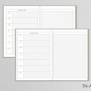 May include: Two open planners with beige covers showing grid-lined calendar pages for December 2024 and January 2024. Each page features a vertical column for days of the week and a large grid section for notes. The text TN-A5 15w appears in the corner.