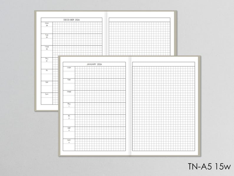 May include: Two open planners with beige covers showing grid-lined calendar pages for December 2024 and January 2024. Each page features a vertical column for days of the week and a large grid section for notes. The text TN-A5 15w appears in the corner.