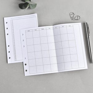 Może przedstawiać: Biały wkład do planera z papieru z miesięcznym kalendarzem w kratkę oraz oddzielną kartką z numerowaną listą dzienną. Strony posiadają fabrycznie wycięte otwory po lewej stronie. Srebrny metalowy długopis oraz dwa spinacze do papieru.
