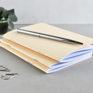 May include: A stack of three cream-colored notebooks with staple-bound spines, topped with a silver metallic ballpoint pen. Two silver triangular paper clips are positioned to the side of the notebooks.