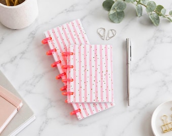 May include: Two disc-bound notebooks featuring a white and pink vertical striped pattern with gold foil polka dots. The notebooks are held together by bright pink plastic discs. A silver metal pen and two silver paper clips are placed nearby.