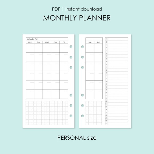 Monthly planner inserts printable Personal size, Monthly pages with task tracker, Month on 2 pages, Monthly overview Undated calendar, R-102