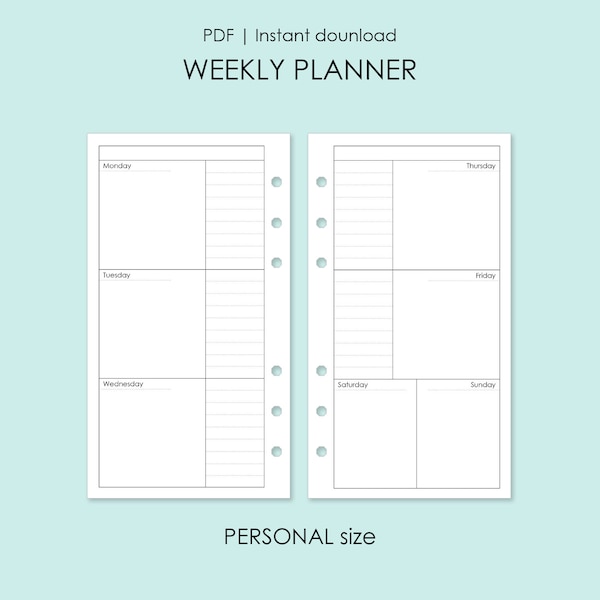 Printable weekly pages Personal size, Ring planner inserts, Weekly agenda WO2P, Printable planner refills Week on 2 pages, R-404