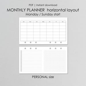 Páginas mensuales imprimibles Tamaño personal: PDF Inserciones Filofax Horizontal Mes, Lunes / Domingo Inicio
