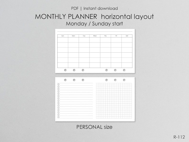 Monthly Pages Printable Personal Size: PDF Filofax Inserts Horizontal ...