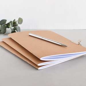May include: A stack of three notebooks with plain light brown covers and white pages. A silver metal pen rests diagonally across the top notebook. A small silver metal clip is attached to the right edge of the top notebook cover.