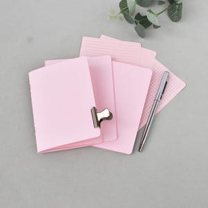 Può includere: Un set di quaderni rosa chiaro con una clip fermafogli in metallo argentato attaccata alla copertina. Il set include fogli sciolti con motivi a righe e a quadretti, accompagnati da una sottile penna a sfera argentata metallizzata.