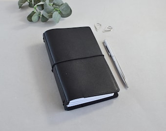Zwart leren reizigersnotitieboek van persoonlijk formaat met inlegvellen: hervulbare TN-planneragenda Wekelijks Maandelijks