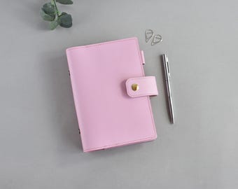 Roze leren ringband met 6 ringen: omslag planner voor notitieboekje, persoonlijke maat