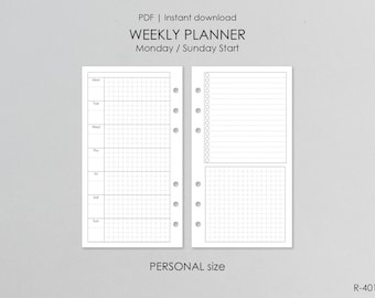 Personal A6 Printable Weekly Planner Inserts: Monday & Sunday start, Filofax Refill