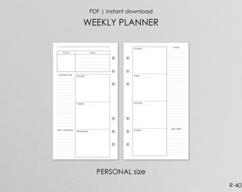 Printable Weekly Pages Personal Size: PDF Filofax Inserts, Week Refill Monday Sunday Start