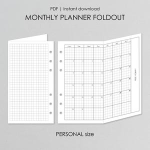 May include: A white paper monthly planner foldout with a grid pattern on the left side and a March 2026 calendar grid on the right side. The planner features six binder holes along the left edge and includes the text PDF, Instant download, MONTHLY PLANNER FOLDOUT, PERSONAL size, and R-117d.