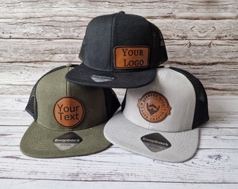 Personalised Snapback Trucker Hat | Custom Hat With Leather Patch