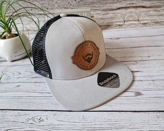 Personalised Snapback Trucker Hat Custom Hat With Leather Patch Flat Peak Hat With Custom Leather Patch