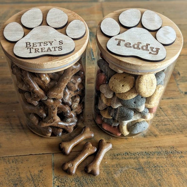 Personalised Pet Treats Jar | Dog Treats Jar | Handmade In The UK | Glass Jar With Wooden Paw