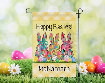 Personalized Easter Garden Flag, Happy Bunny, Double Sided