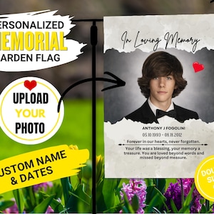 May include: Personalized memorial garden flag with a photo, name, and dates. The flag features a portrait of a person with the text "In Loving Memory." The flag is double-sided and includes the text "Upload Your Photo."