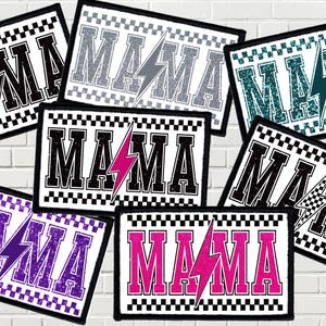 May include: A collection of rectangular patches with the word "MAMA" in bold, collegiate-style lettering. Each patch features a different color scheme, including black, gray, teal, purple, and pink, with a lightning bolt graphic.